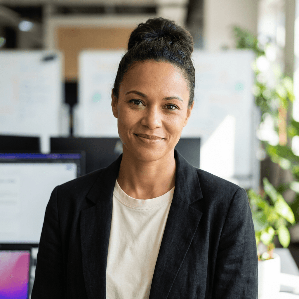 Diane Whitfield in a business blazer in a warehouse office