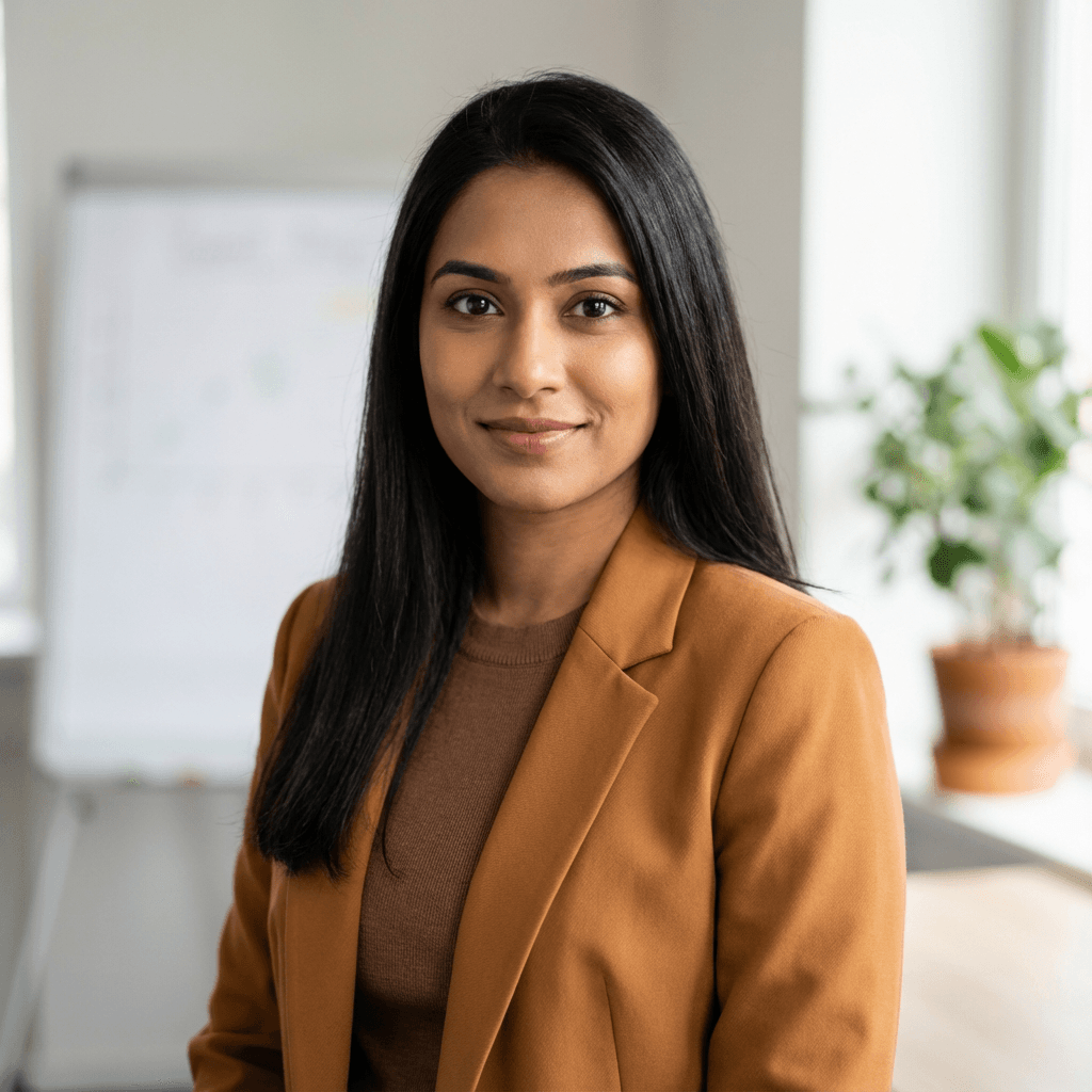 Priya Sharma headshot, operations manager in her late 30s, South Asian, professional attire