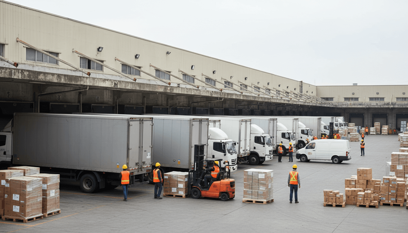 Logistics dispatcher reviewing shipment details beside a delivery truck in Toronto